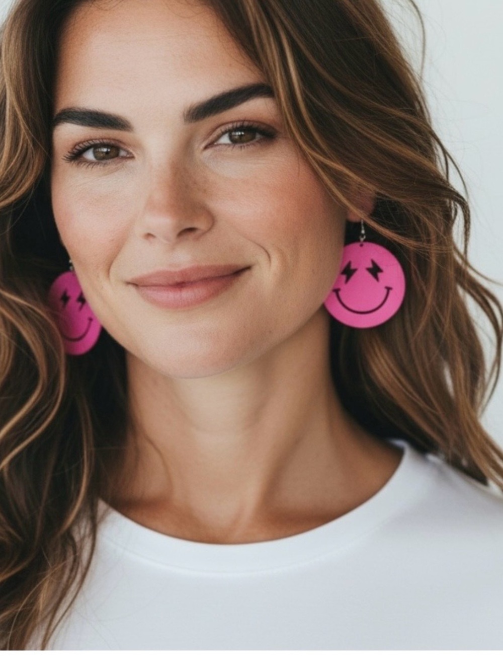 BRIGHT PINK SMILEY FACE LIGHTENING BOLT DANGLE EARRINGS